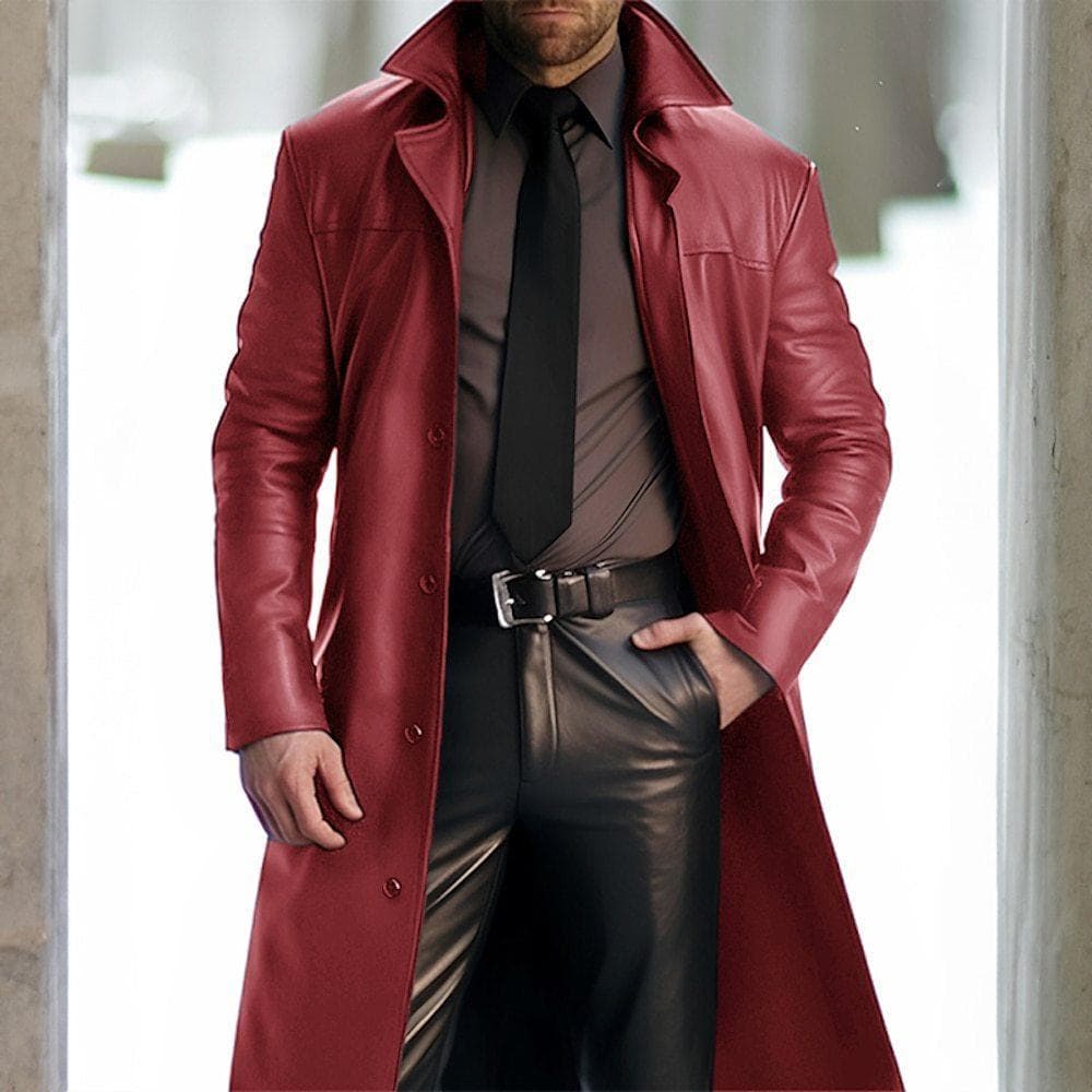 New Men's Lapel Color Windbreaker Style Slim Fit Leather Long PU Leather Coat Men's COSPLAY Clothing cm red