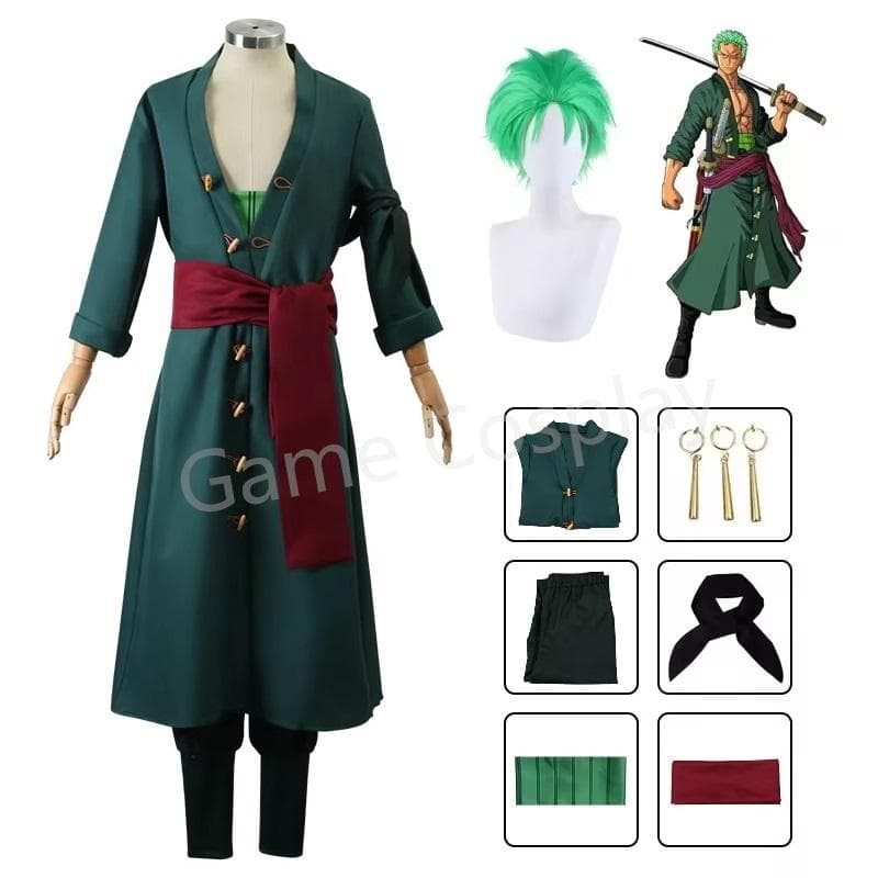 Anime Figures Roronoa Zoro Cosplay Costume Uniform Green Coat Pants Head Scarf Roronoa Zoro Wig Earrings Halloween Men Clothes cm