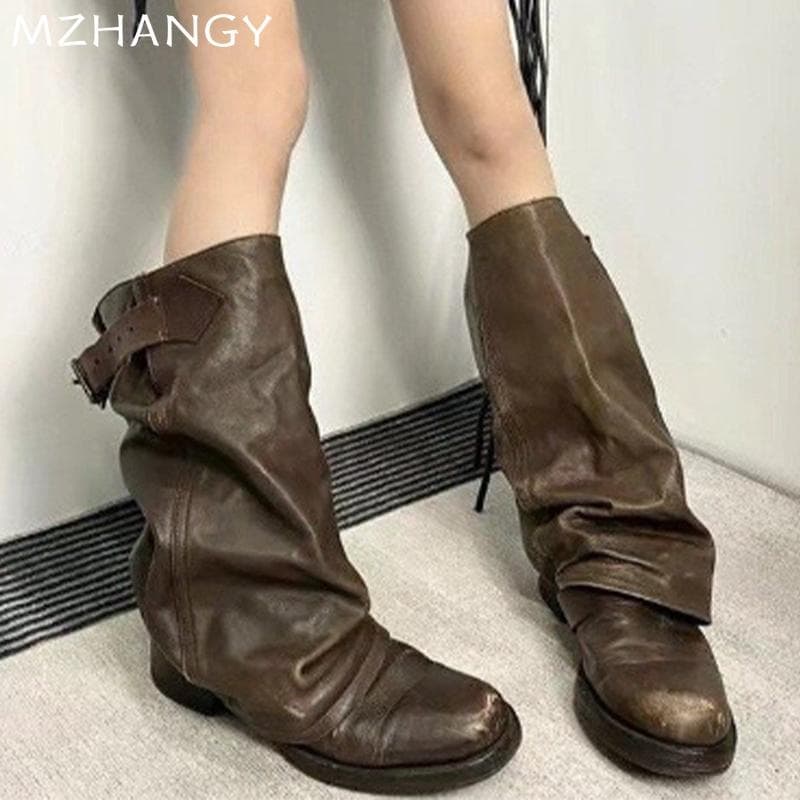 Fashion Women Leather High Boots Flats Fashion Knee High Shoes Woman 2025 Trend Pleated Winter New Goth Motorcycle Boots Mujer Botas cm