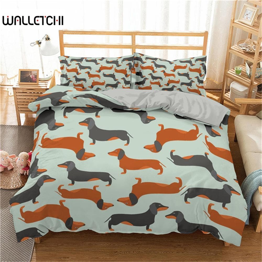 Cartoon Dachshund Bedding Set Cute Sausage Dog Duvet Cover Set Pet Puppy Printed Comforter Cover Animal Polyester Quilt Cover