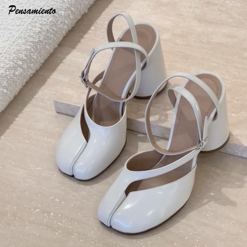 Fashion 2025 New Fashion Patent Leather Cross Strap Tabi Women Sandals Summer Slingbacks Split toe Thick High heels Chunky Shoes Sandals cm