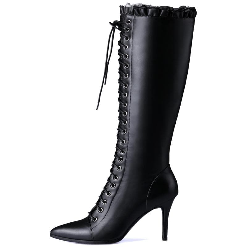 Fashion Point Knee High Boots Women New 2024 Genuine Leather Sexy Lace-up Black High Heels Nightclub Party Long Shoes Lady Large Size 48 cm black