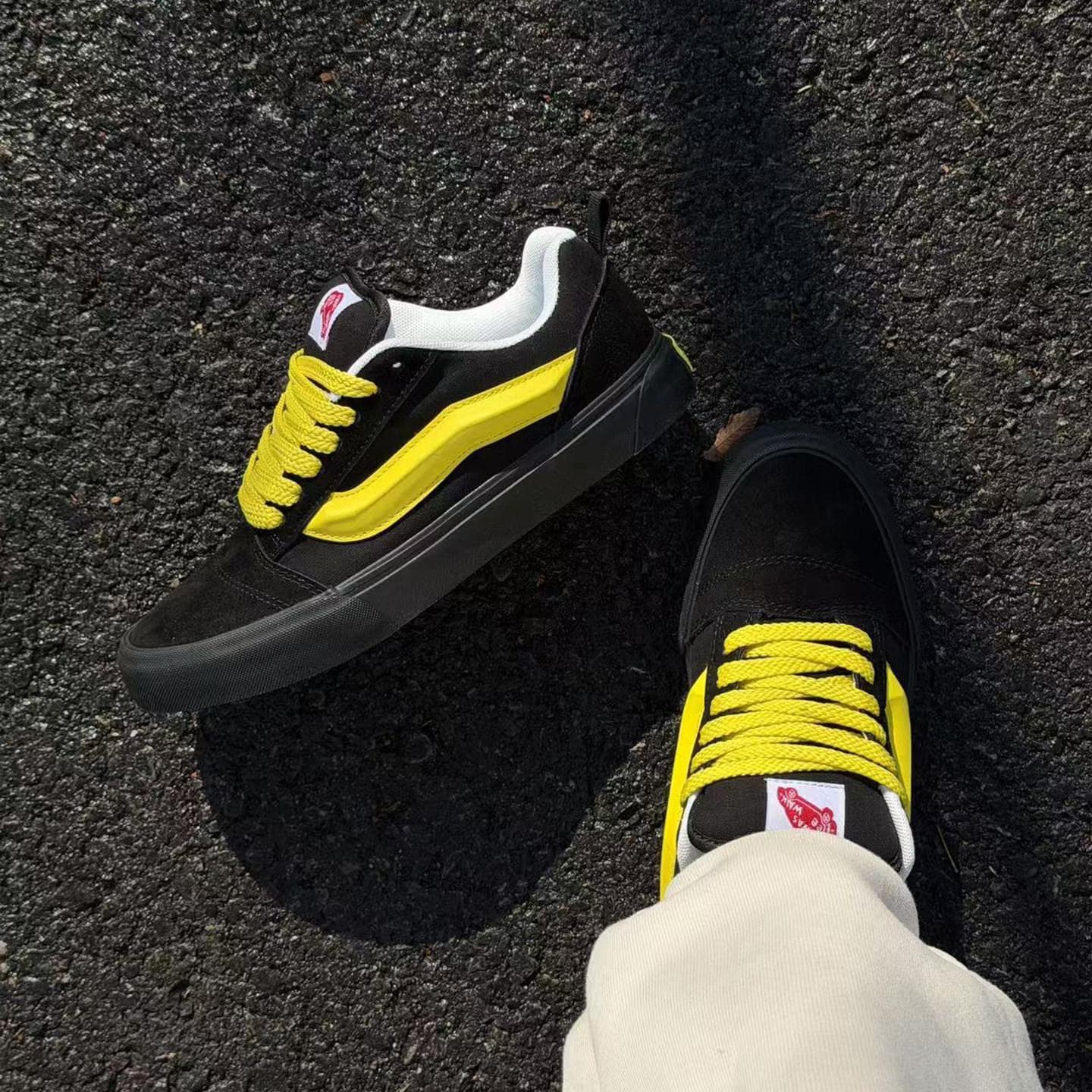 Knu skool black and yellow color matching fat bread shoes retro yellow and black cool casual skateboard shoes cm