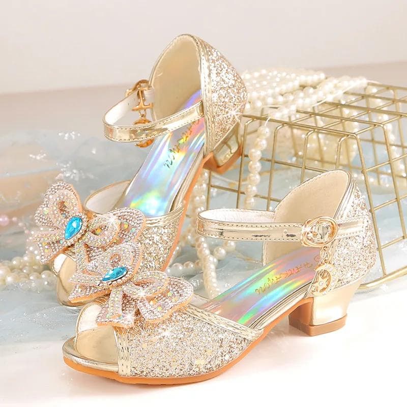 Summer Girls Sandals With Heel Fashion Rhinestone Shiny Glitter Shoes Children Princess Bowtie Pearl Dancing Shoe cm gold