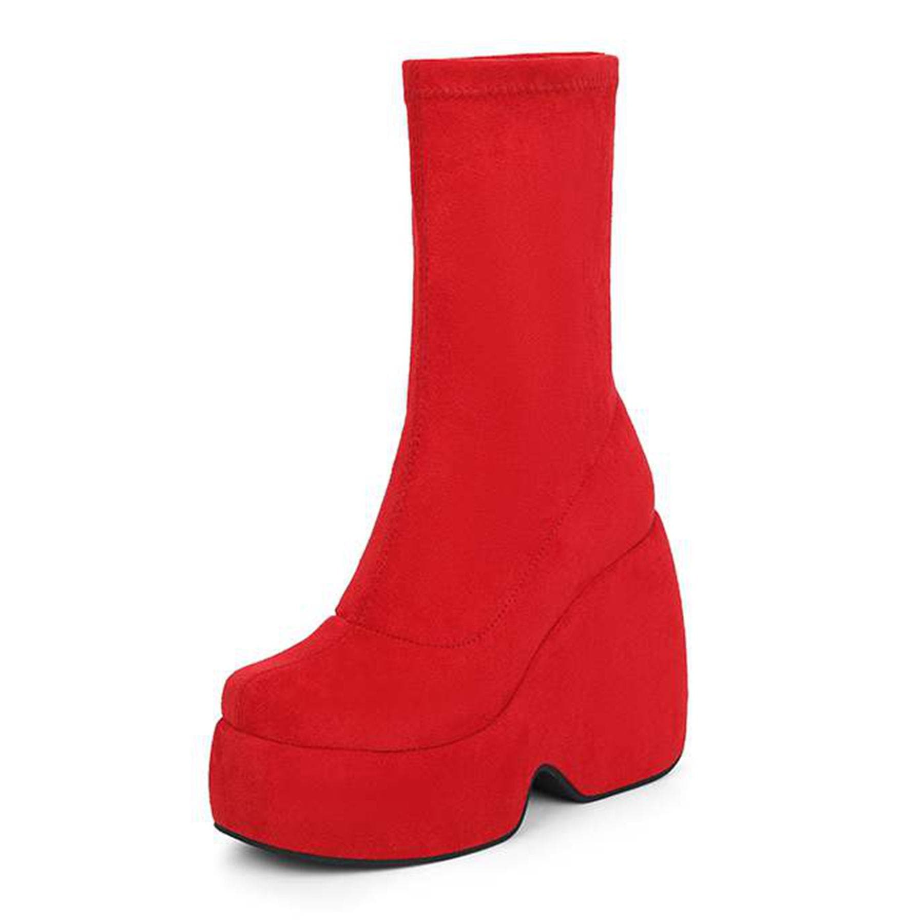 Lenkisen Flock Autumn Winter Shoes Super High Heels wedges Elastic Platform Boots Keep Warm Fashion Mid-calf Boots cm red