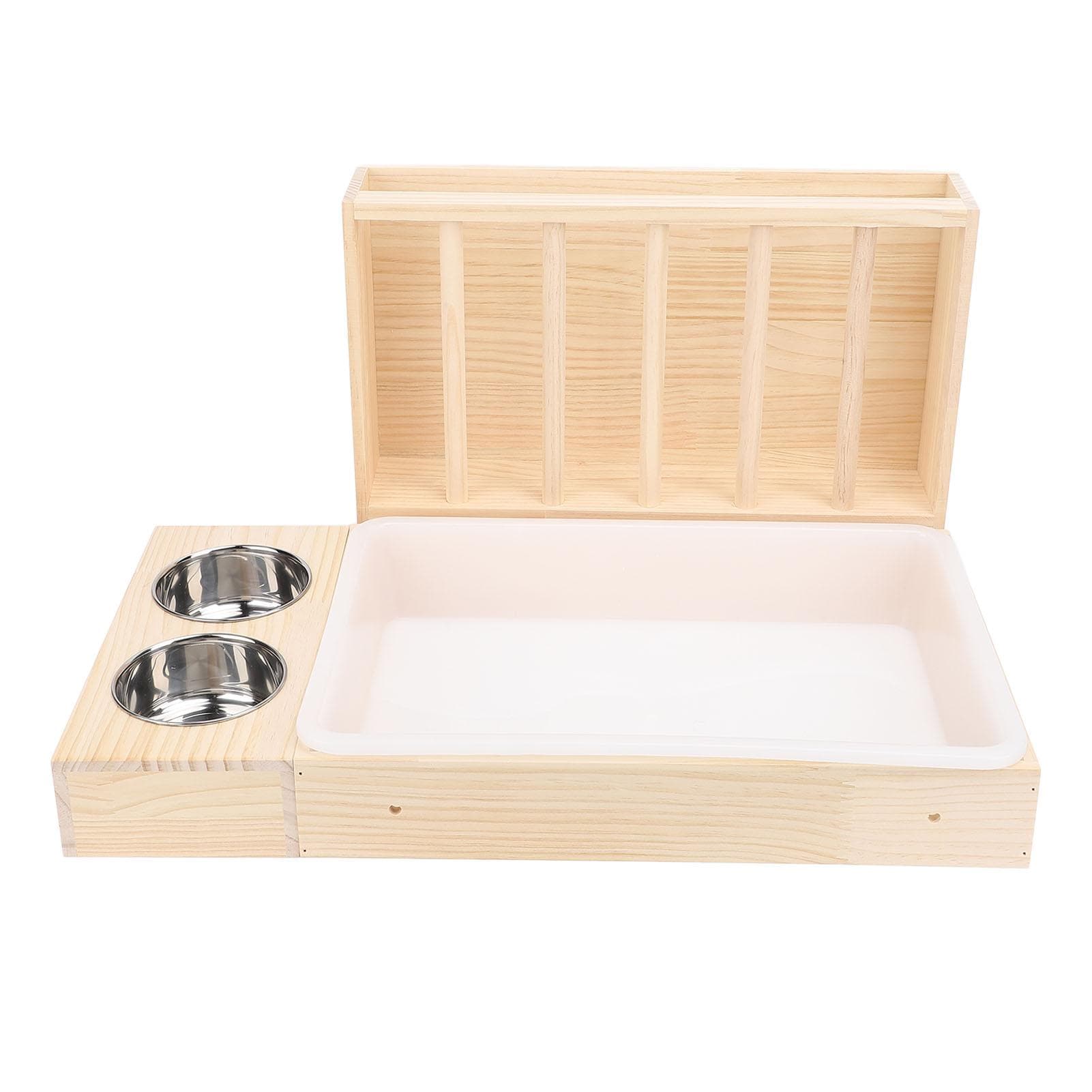 Rabbit Hay Feeder with Litter Box 2 Stainless Steel Bowls Mess Proof Wooden Bunny Feeding Manger