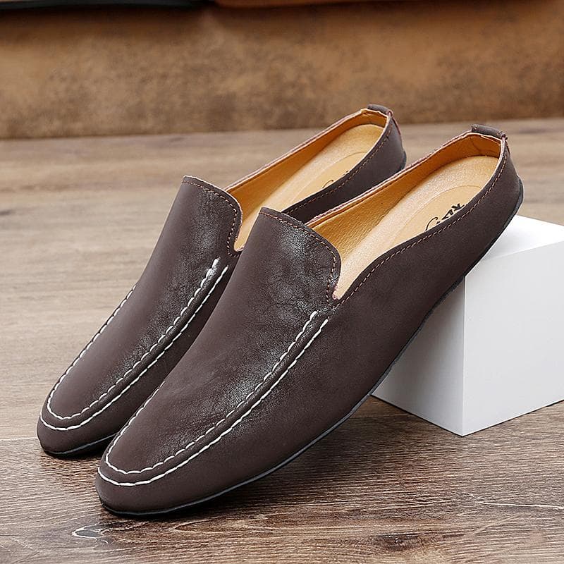 Genuine Leather Men Slippers Slip on Half Shoes Summer Casual Shoes Breathable Sandals Lightweight Muller Shoes Comfy Lazy Shoes cm khaki