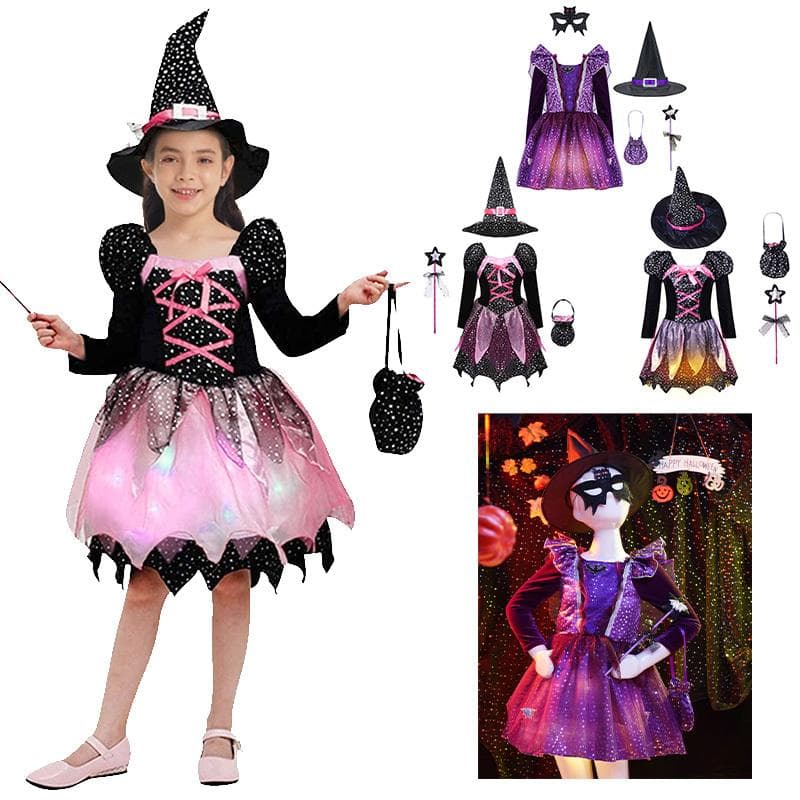 Girls Witch Halloween Cosplay Costume Sparkly Stars Printed Dress with Pointed Hat Magic Wand Candy Bag Set cm black