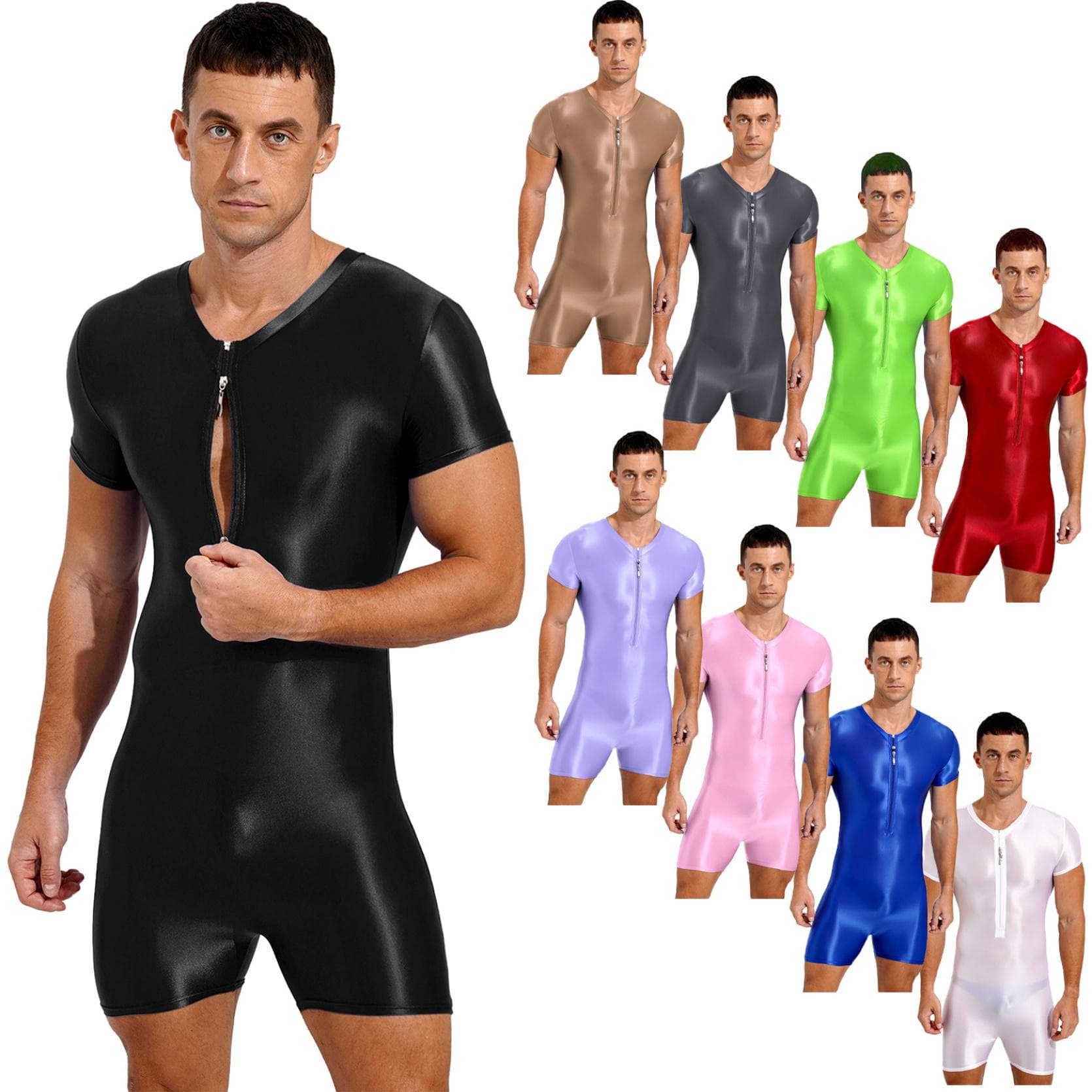 Mens One Piece Swimsuit Short Sleeve Zipper Jumpsuit Glossy Stretchy Round Neck Sport Fitness Swimming Suit cm black