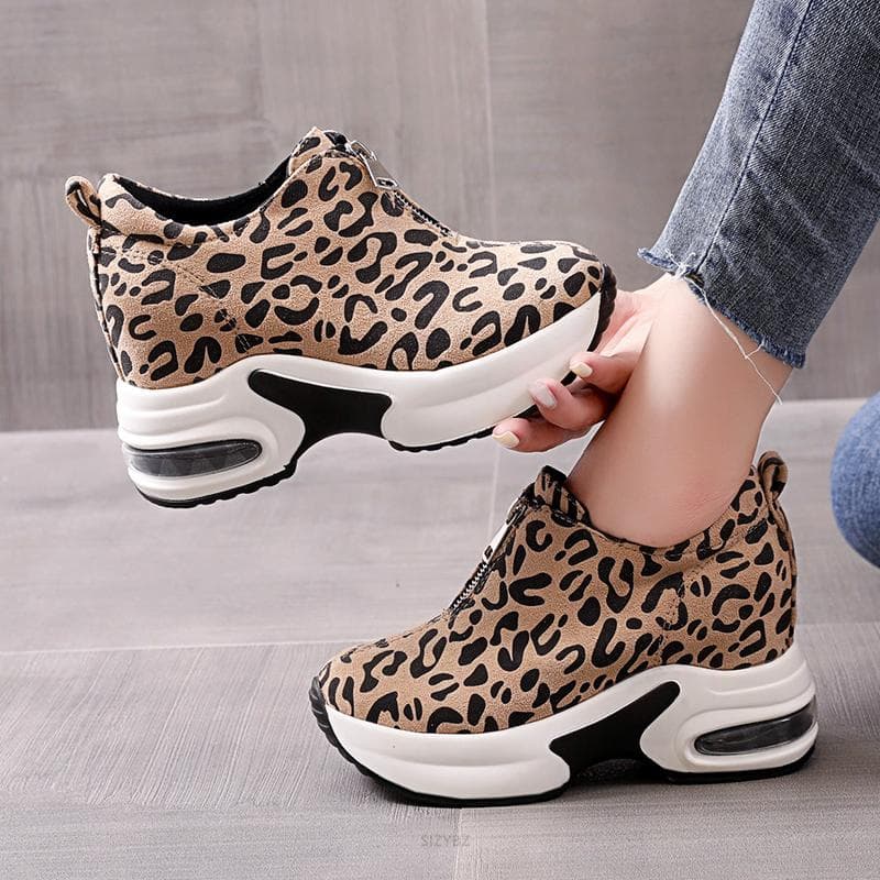 Hidden Heel Casual Platform Shoes Woman Sneakers Suede Slip on Shoes Women Height Increasing Flock Leopard Print Wedges Shoes cm leopard print