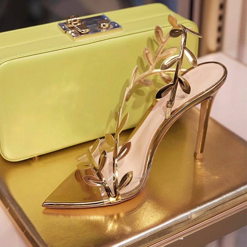 Fashion 2025 Golden Branch And Jade Leaf High Heels, Women'S Thin Heels, Elegant And High-End, Summer Pointed-Toe Golden Sandals cm