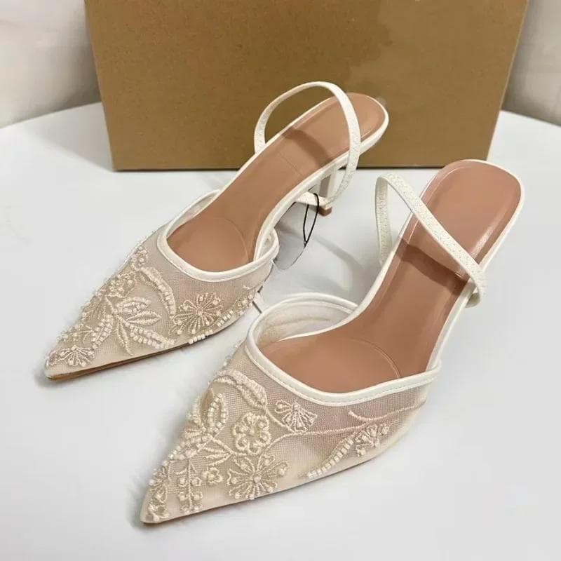 Brand Designer White Women Wedding Pumps Mesh Embroidered Flowers Back Strap Sexy Slingback High Heel Dress Shoes for Ladies cm beige