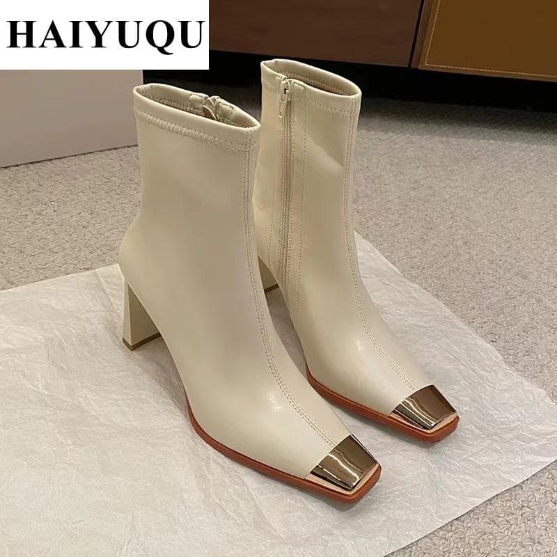 Women Trend High Heels Ankle Boots Square Toe Shoes Winter New Party Chelsea Boots Leather Gladiator Goth Pumps Botas Mujer cm