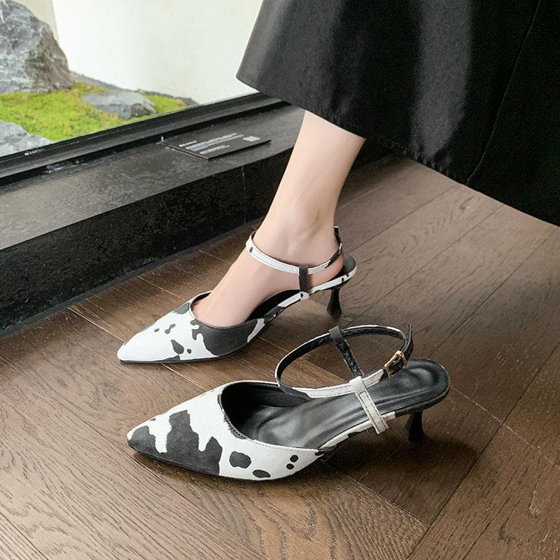 Large size cow pattern bag head sandals women's fine heel leopard print fashion one-word buckle strap kitten heel empty high heel sandals women cm