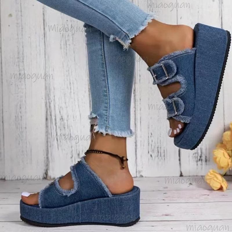 Size35 43 Denim Fabric Strap Buckle Slip-on Slippers Women's Summer Outerwear 2025 New Thick Bottom Platform Sandals for Women cm blue