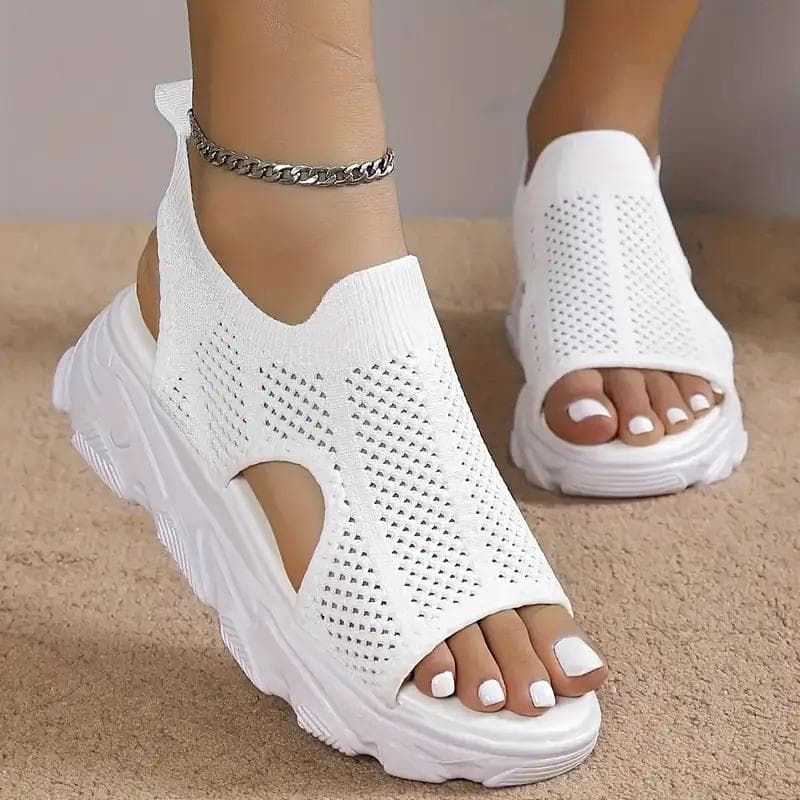 New Women's Platform Knit Sandals Breathable Peep Toe Hollow Out Slip On Shoes Casual Outdoor Slingback Sandals cm beige