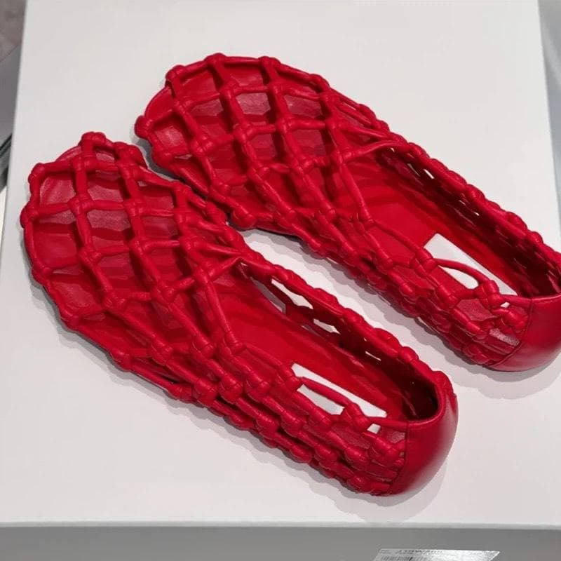 Cowhide version~ niche fishing mesh woven hollow round head flat sole single shoes women's 2025 spring and summer ballet sandals cm red