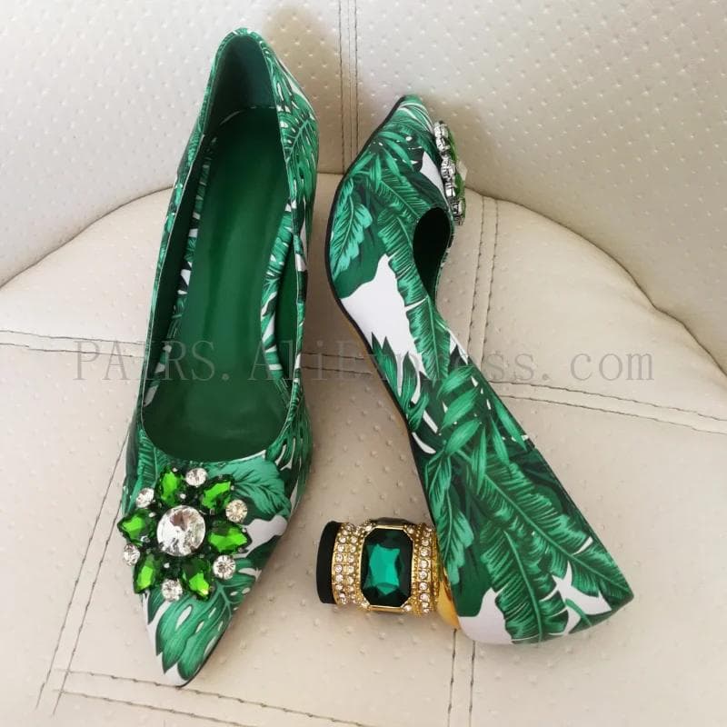 Women's Famous Shoes Luxurious Green Banana Leaf Women Heels Rhinestone High Heels Genuine Leather Luxury Pumps Designer Band cm