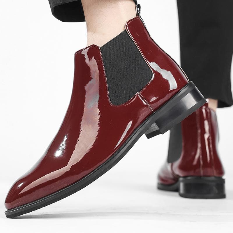 Fashion Chelsea Boots Men New Fashionable Patent Leather Tip Short Boots Classic Style Red Motorcycle Boots High Top Casual Dress Shoes cm black