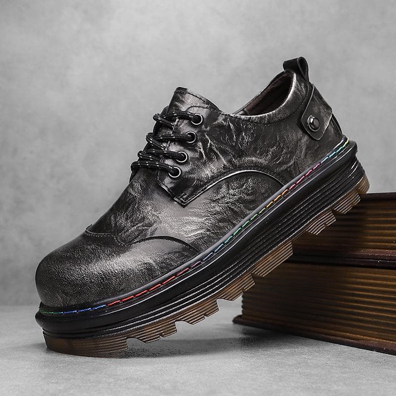 Men's Retro Leather Derby Shoes - Round Toe, Thick Sole, Height Boost, Large Size, Low-top Martin Style. cm black