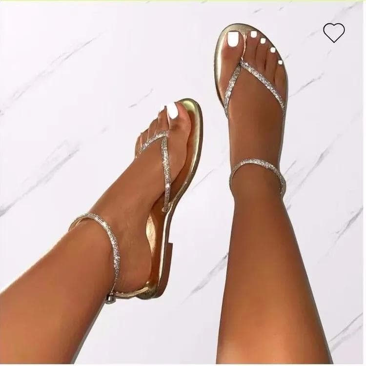 Summer Ankle Strap Women's Sandals 2024 New Rhinestone Decor Toe Post Thong Flip-flops Outdoor Fashion Gold Flat Roman Sandals cm silver
