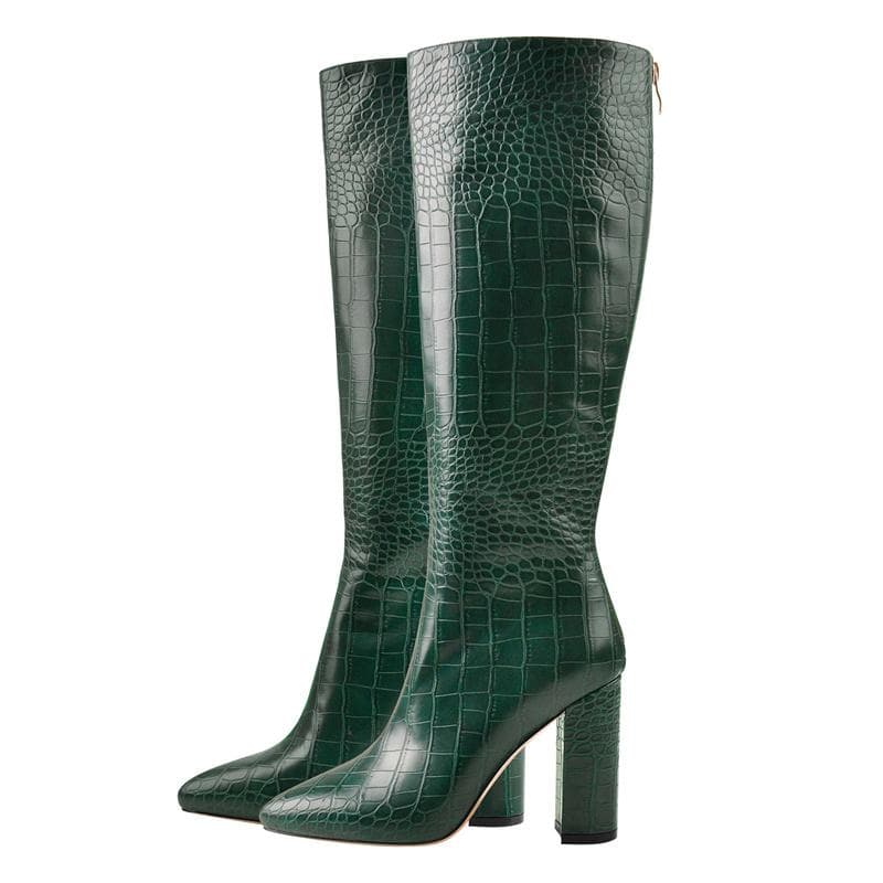 Green Western Women's Knee High Boots Snake Leather Black Long Cowboy Cowgirls Boot Block Heel Winter Party Shoe Ladies Big Size cm green