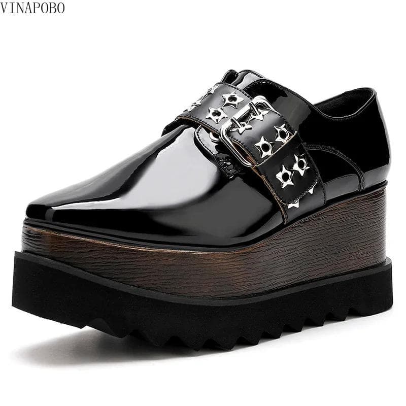 Shoes Woman Trend Stars Metal Buckle Ladies Black Square High Quality Casual Chunky Cross-tied Wedges Stella Platform Shoes cm