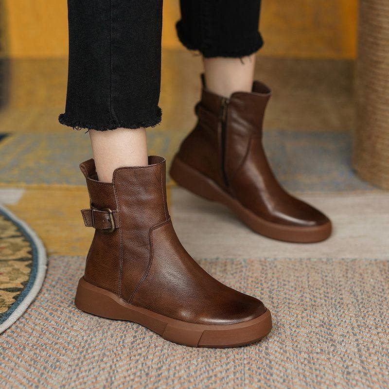 Retro Boots for Women Autumn Winter Women's Shoes Leather Casual Flat Ankle Boots Female Platform Short Boots cm brown