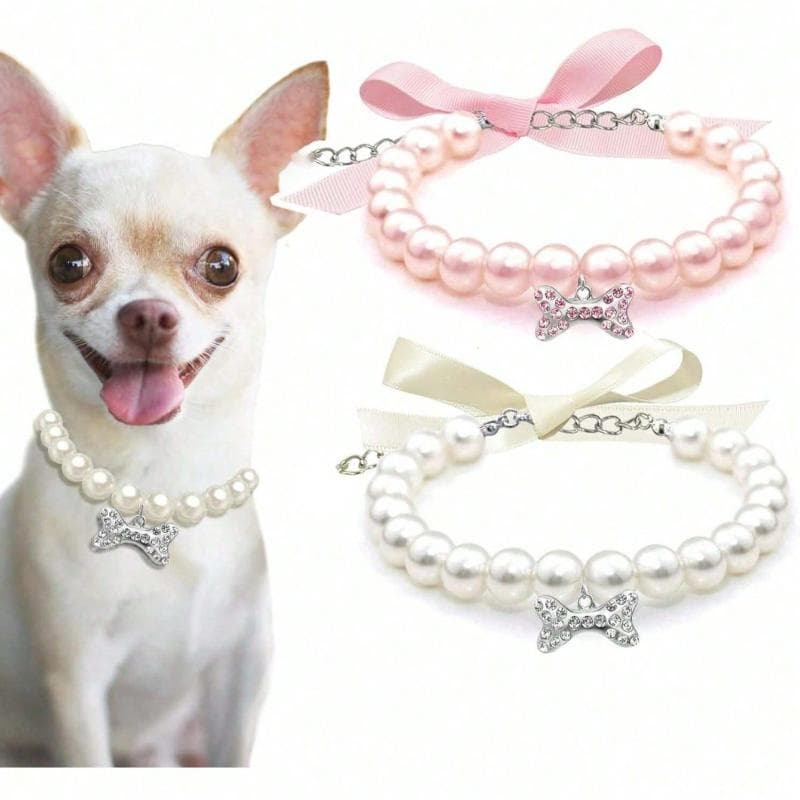 Pearl Necklace with Rhinestone Bone Decor for Dogs & Cats, Fashionable Cat Wedding Collar Jewelry Suitable for Girls, Cats, Small Dogs white