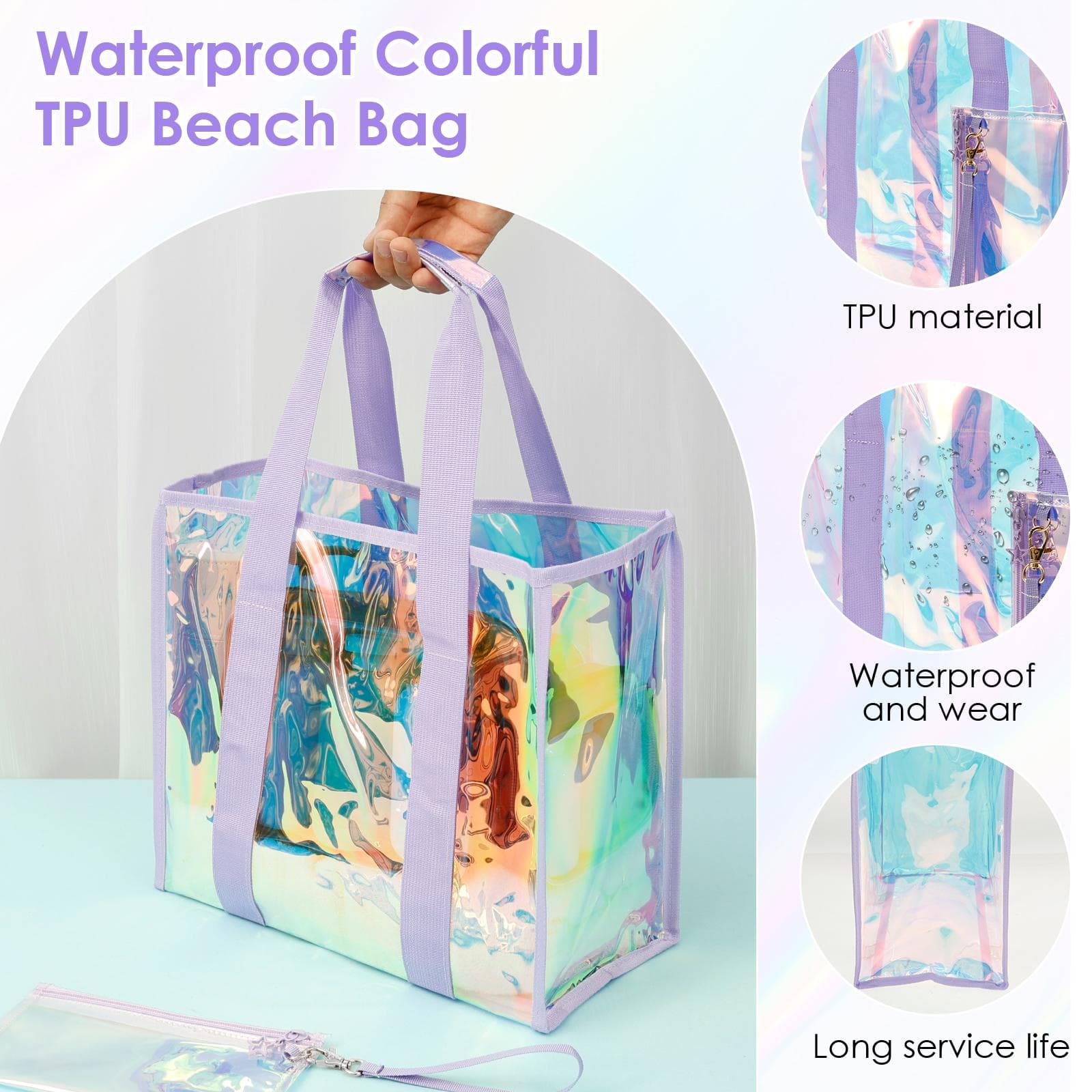 Hot Waterproof Beach Tote Bag with Small Phone Pouch Large Capacity Female Travel Shopping bags for Vacation Traveling Daily Use purple
