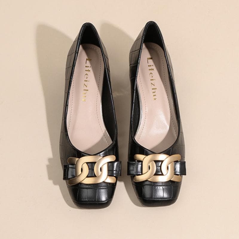 Plus Size 35 -43 Women Pumps Med Heel Square Toe Pumps Office Lady Leahter Shoes Big Gold Metal Chain Soft Soles Slip On Shoes cm