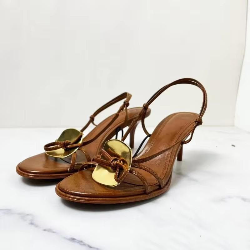 TRAF Women Brown Metal Decoration Heels Sandals Summer Female Round Toe Open Toe High Heels Elegant Woman Stiletto Heeled Shoes cm