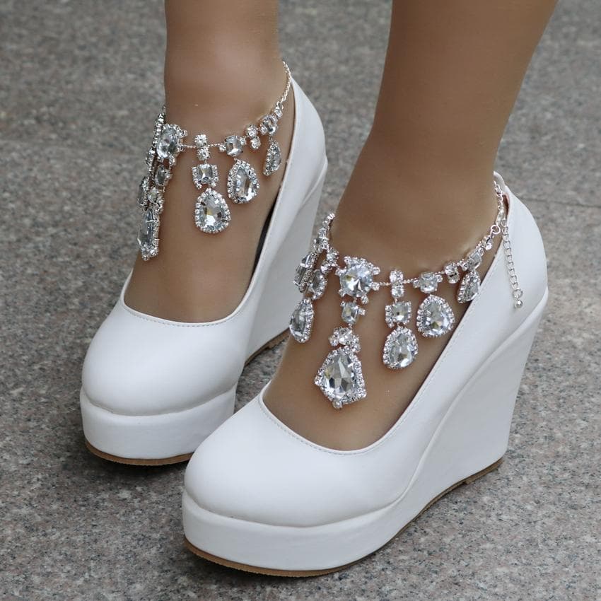 Ankle Strap Wedges Pumps Large Size Bridal Women Rhinestone Platform Shoes Mary Jane High Heels cm white