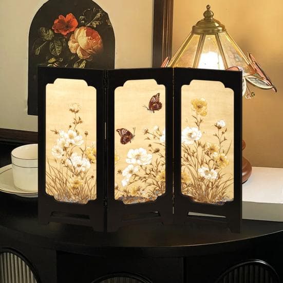 Mini Floral Folding Screen Rustic 3 Panel Room Dividers Chinese Style Vintage Desktop Folding Screen Feng Shui Ornaments for Home Office Table Decor