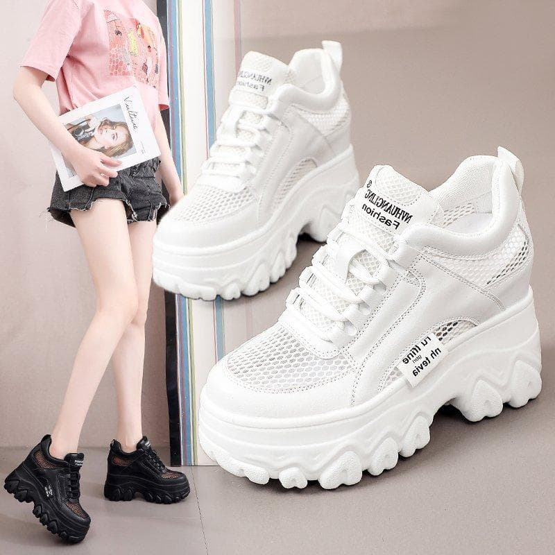 Height-enhancing Shoes for Women, Old Shoes, Breathable Summer Mesh Shoes, Casual Platform Shoes, White Shoes cm black