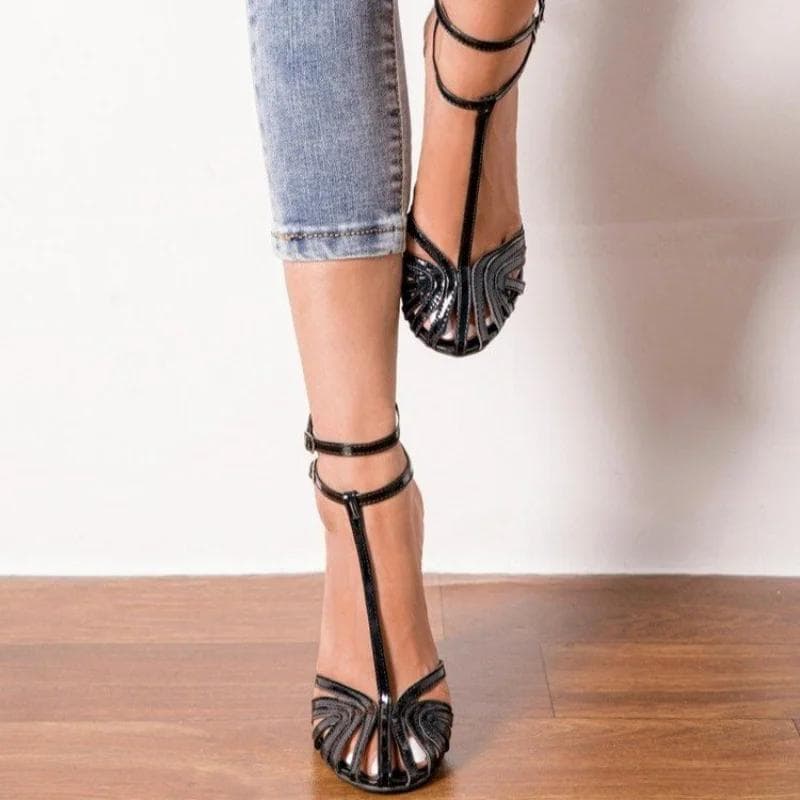 Fashion High Heel Women Sandals 2024 Summer Black Stilettos Ankle Buckle Strap Ladies Casual Pumps PU Sexy Sandalias Comodas De Mujer cm