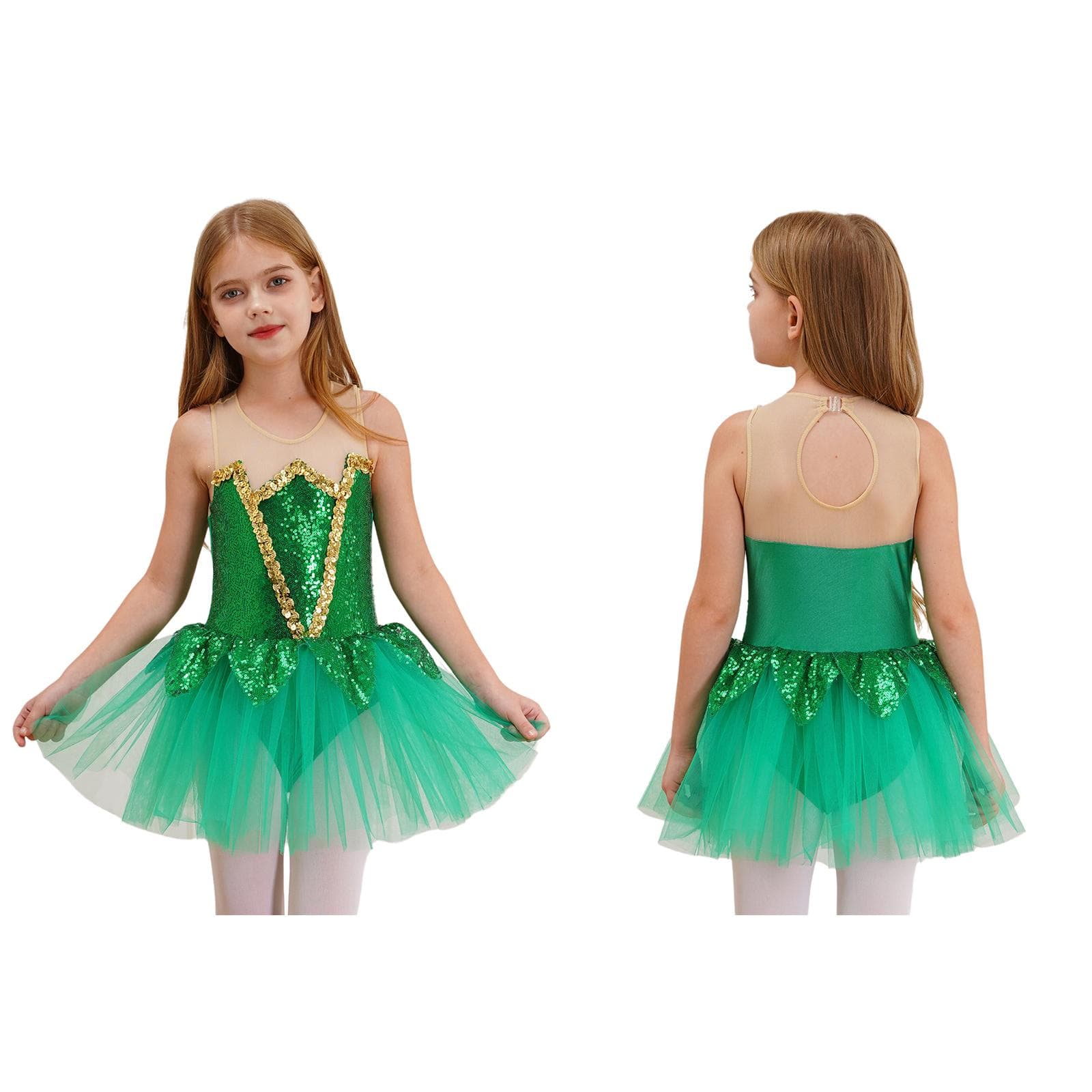 Girls Halloween Elf Costume Sleeveless Keyhole Back Shiny Sequins Mesh Tutu Dress Bodysuit Cosplay Jumpsuit cm green
