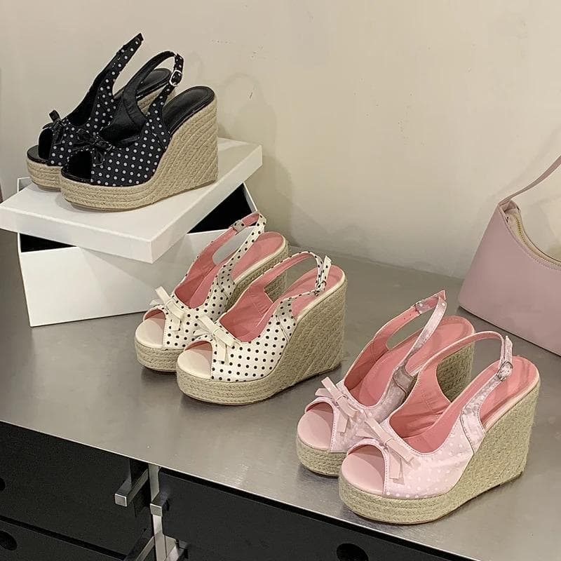 Aneikeh Summer Thick Soled Grass Woven High Heels Casual Retro Roman Sandals Polka Butterfly-kont Wedge Platform Woman Sandals cm apricot