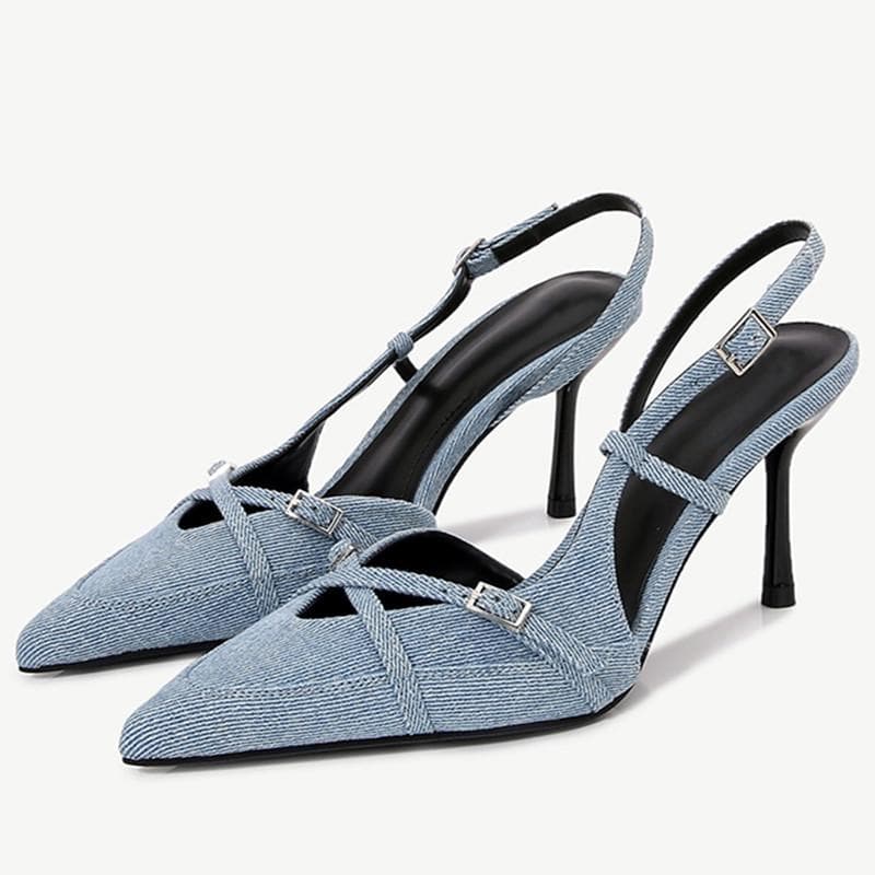 Designer Blue Denim Slingback Buckle Strap Women Pumps Sexy Pointed Toe High Heels Elegant Party Dress Shoes Zapatos De Mujer cm blue