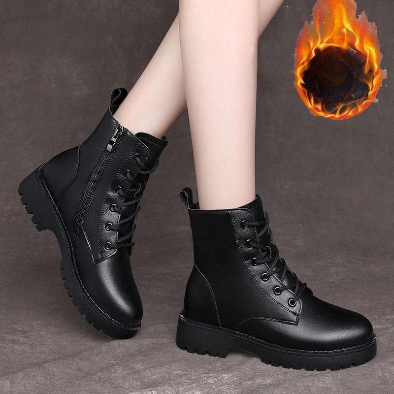 Winter Women Boots Leather Shoes Non-slip Snow Boots Women Leather Warm Women's Ankle Boots cm black