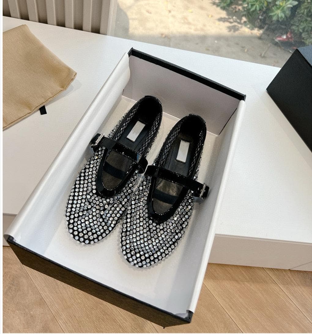Spring Mesh Buckle Ballet Shoes Women's Rhinestone Flat Shoes Hollow Fishnet Mary Jane Single Shoes cm