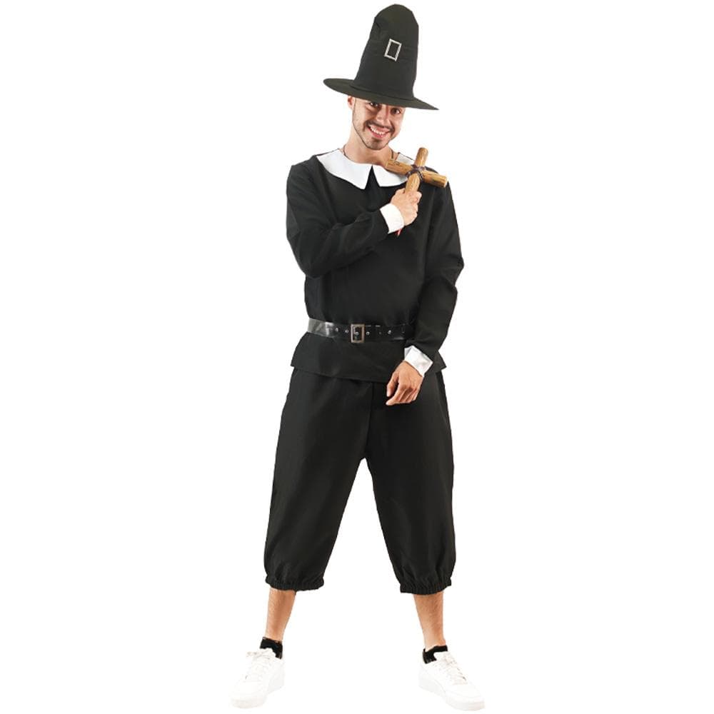 Mens Pilgrim Halloween Costume Adult Thanksgiving Day Puritan Outfits Magicians Cosplay for Party cm black