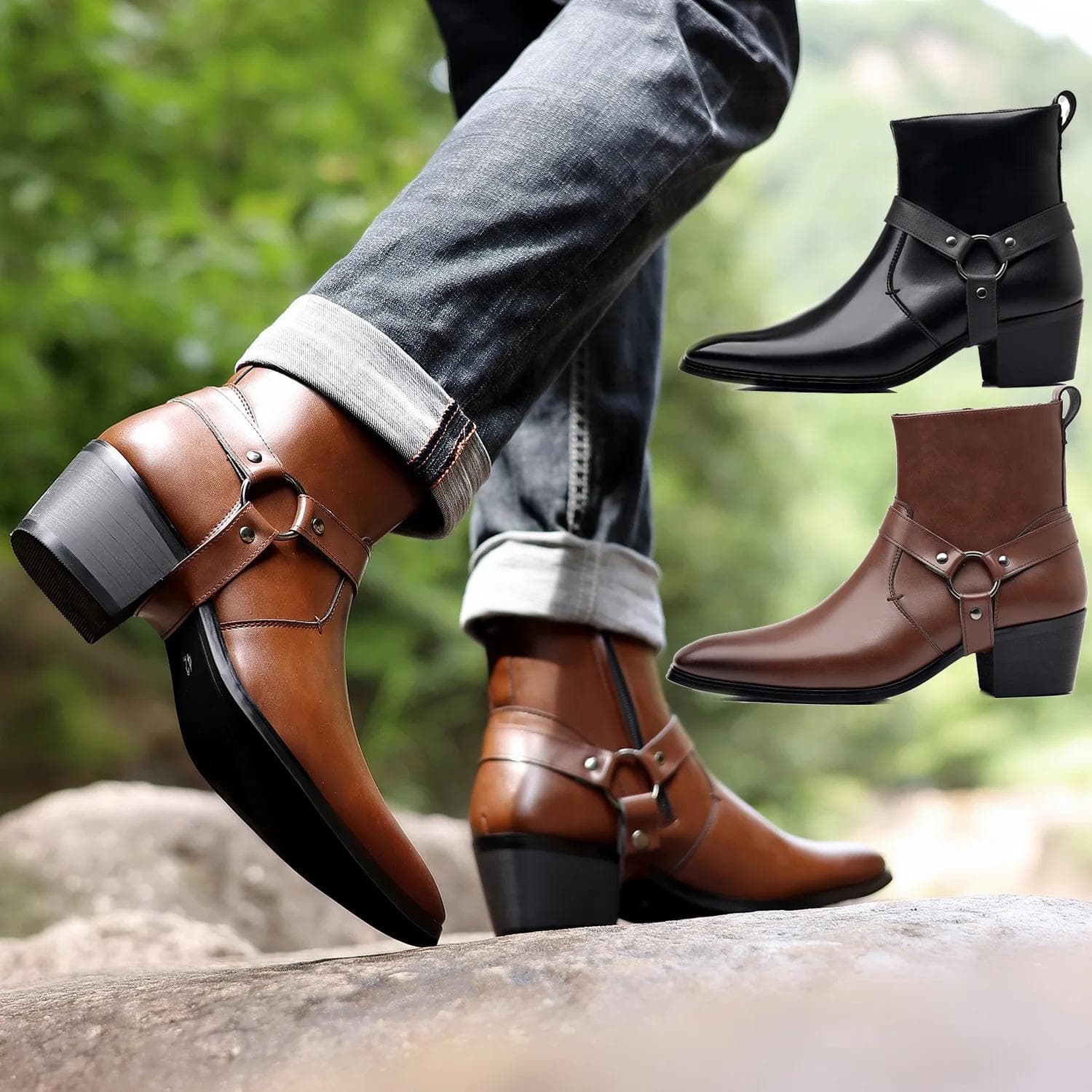 Size 38-48 Classic Black Brown Leather Business Formal Chelsea Men's Boots Handmade Belt Buckle Square Heel Dress Wedding Shoes cm dark brown