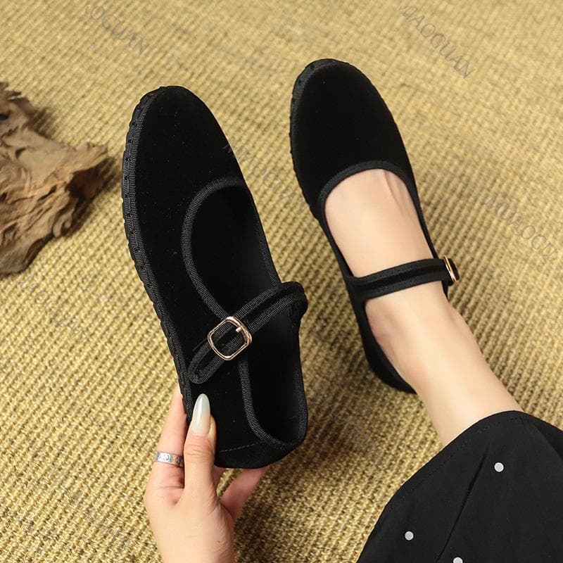 Retro Flat Suede Shoes for Women Casual Spring Belt Buckle Strap Women's Flats Solid Round Toe Shallow Soft Bottom Ladies Shoes cm red