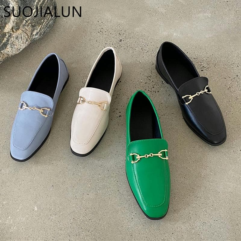 Fashion SUOJIALUN 2025 Spring Women Slip On Loafer Autumn Fashion British Metal Buckle Flat Shoes Round Toe Green Casual Ballerina cm green