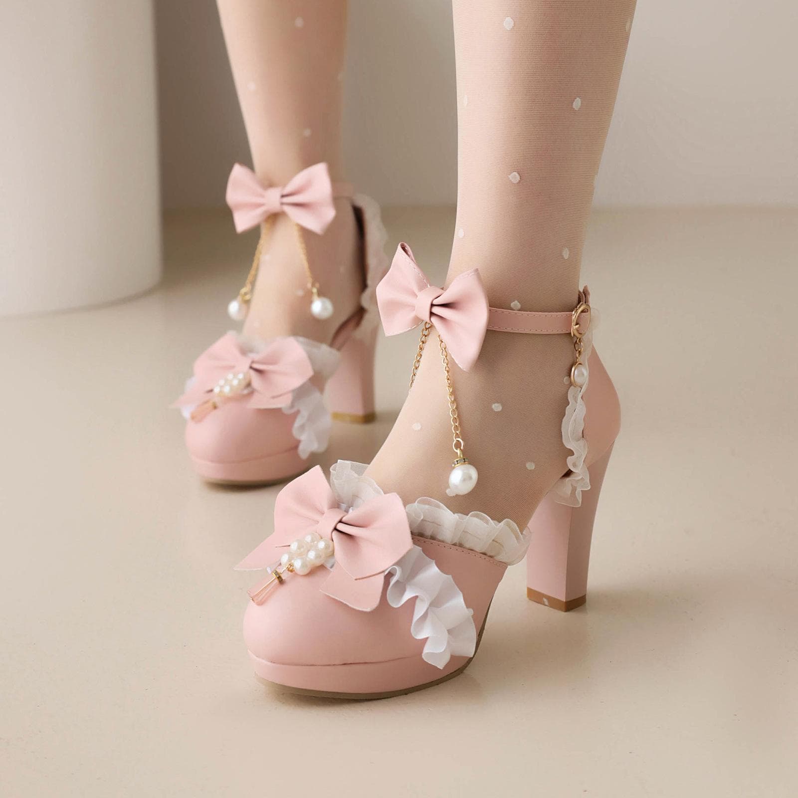 Girls High Heels Kids Princess Sandal Ladies Platform Bow Lace Mary Jane Lolita Shoes Women Party High Heels Women Pumps 30-43 23.5cm
