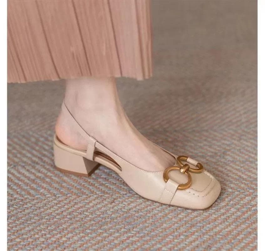 Fashion Retro French Horsebit Soft Leather Sandals for Women's Summer Med Heels Soft Bottom Comfortable Square Toe Back Empty Shoes cm