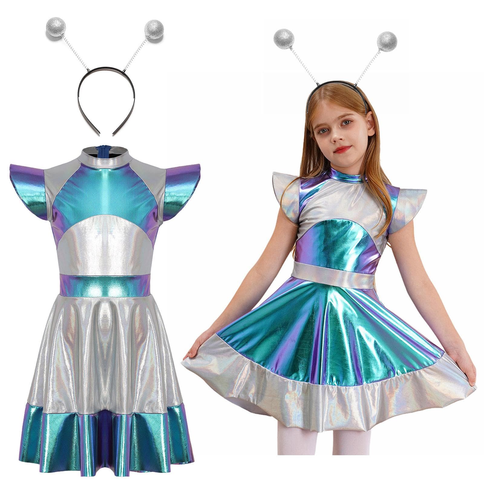 Kids Girls Halloween Alien Cosplay Costume Outer Space Themed Party Roleplay Dress with Funny Alien Hair Hoop Accessory Sets cm silver