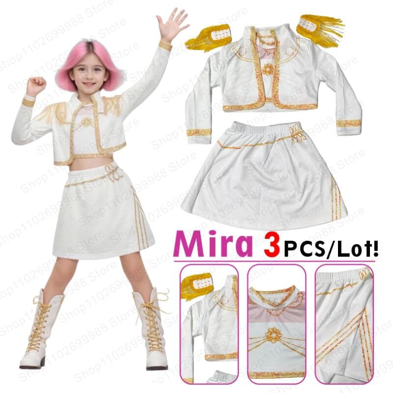 K-pop Demon Mira Hunters Cosplay Costume for Girl Halloween Carnival Mira Huntrix White 3-piece Uniform Outfit Gift 120cm
