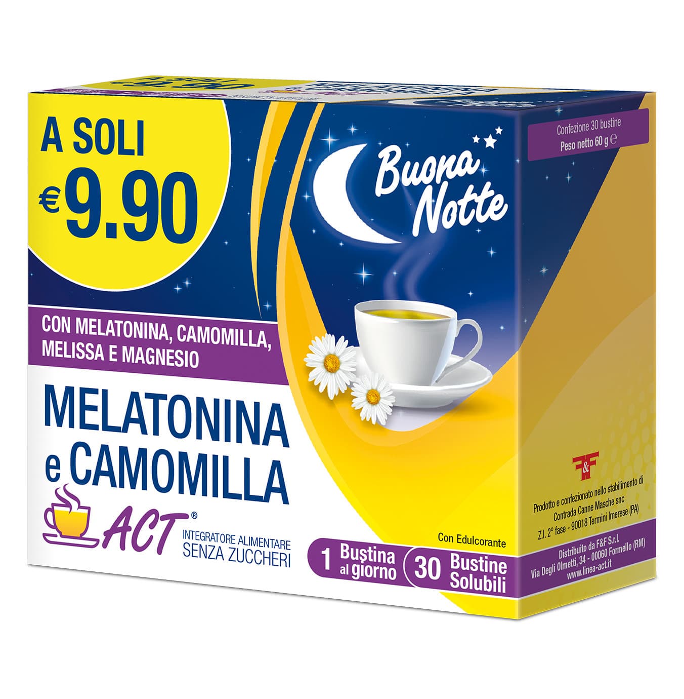 Melatonina e Camomilla Act bevanda solubile per ridurre il tempo di addormentamento 30 bustine